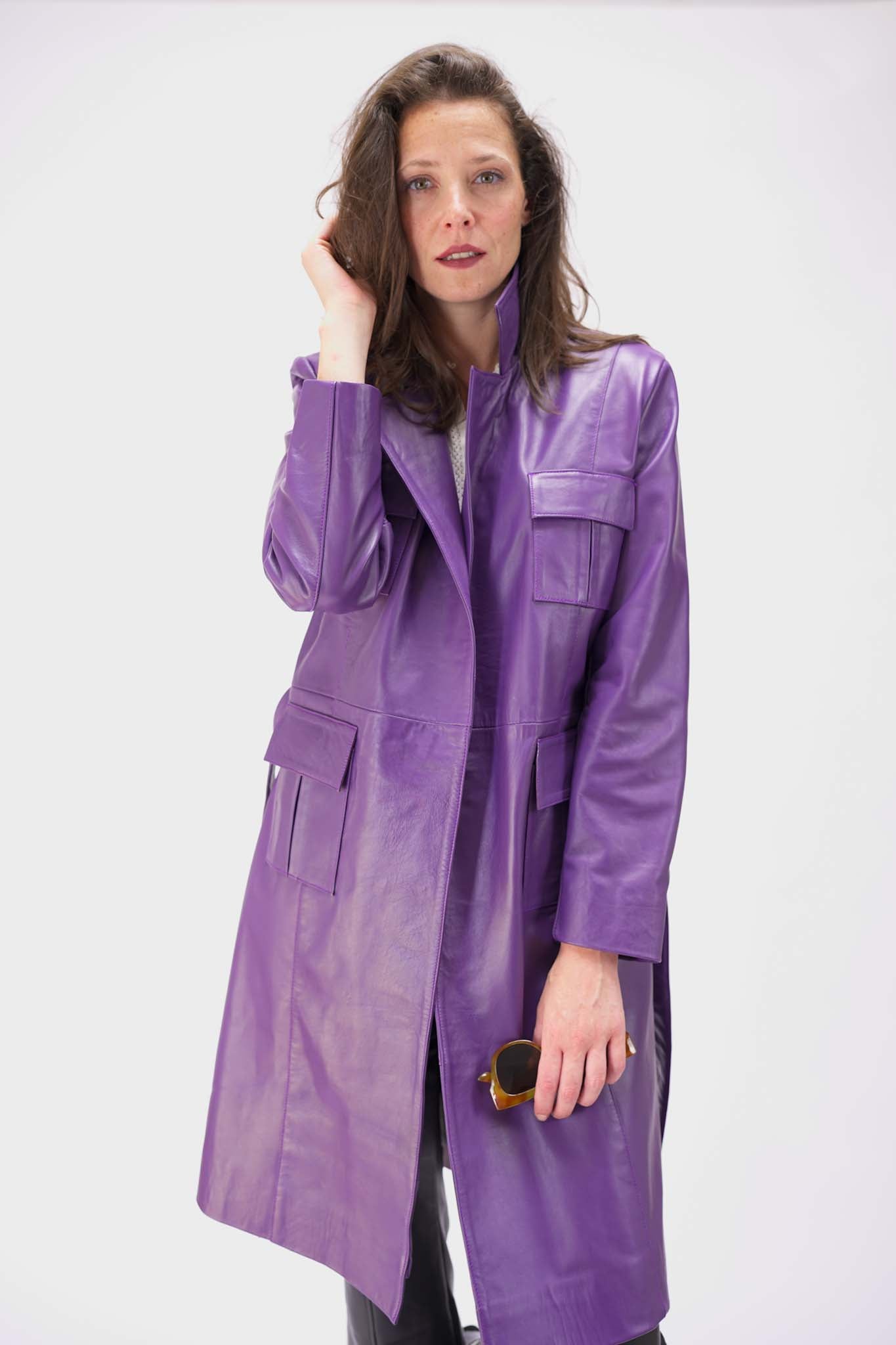 Purple leather trench on sale coat